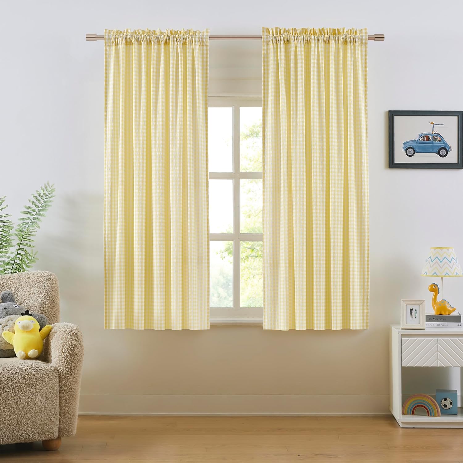 ZJDECOR Yellow White Crinkled Buffalo Plaid Short Curtains 63 Inches Long,Not-See-Through Sheer Panels,Cottage Window Treatment for Nursery Bedroom,Rod Pocket,Tiebacks Included,52" Wx63 L(Pack of 2)