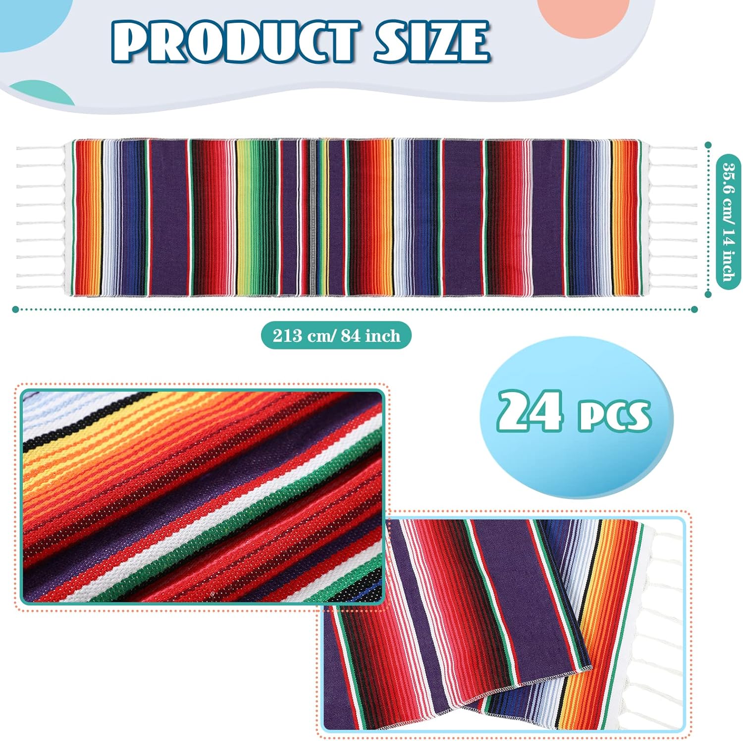 24 Pcs Handwoven Fringe Cotton Serape Blanket Table Runners, Colorful Stripe Table Runner for Mexican Party Decorations Fiesta Party, 14 x 84 Inches (Purple)