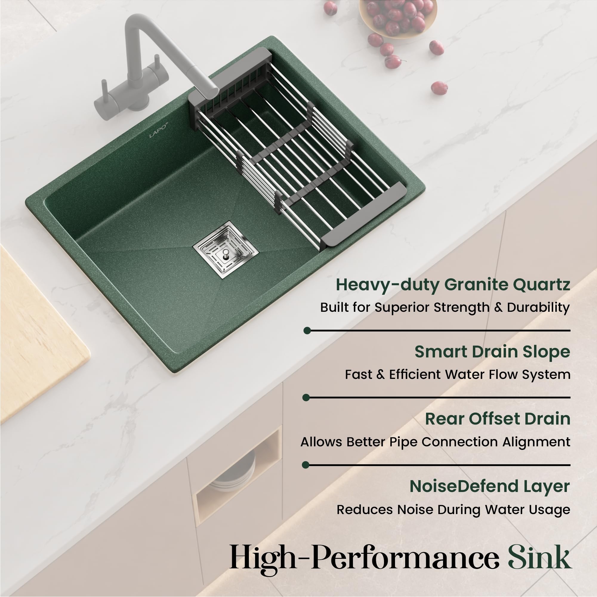 LAPO Granite Kitchen Sink - 24x18 Inch, Green Finish -4
