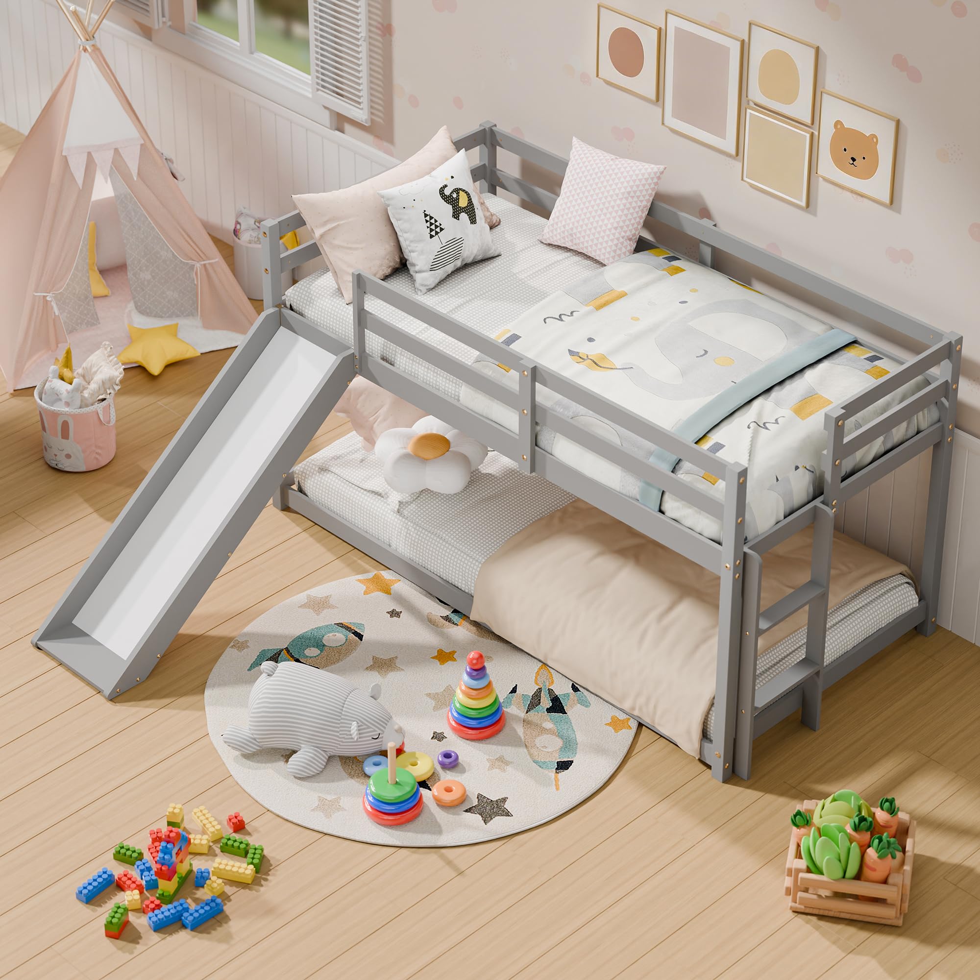 MU Twin Bunk Bed with Slide, Wood Low Bunk Bed Frame with Climbing Ladder & Safety Guard Rail, Floor Loft Bed with Lower Storage Space for Kids Toddler, Grey