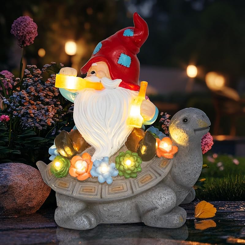 Gnome Garden Decor Statue Gift with Solar Light, Turtle Outdoor Yard Decor | IP65 Waterproof Resin Figurine, Birthday Gifts for Women Mom Grandma, Funny Decorations for Patio Lawn Balcony Porch