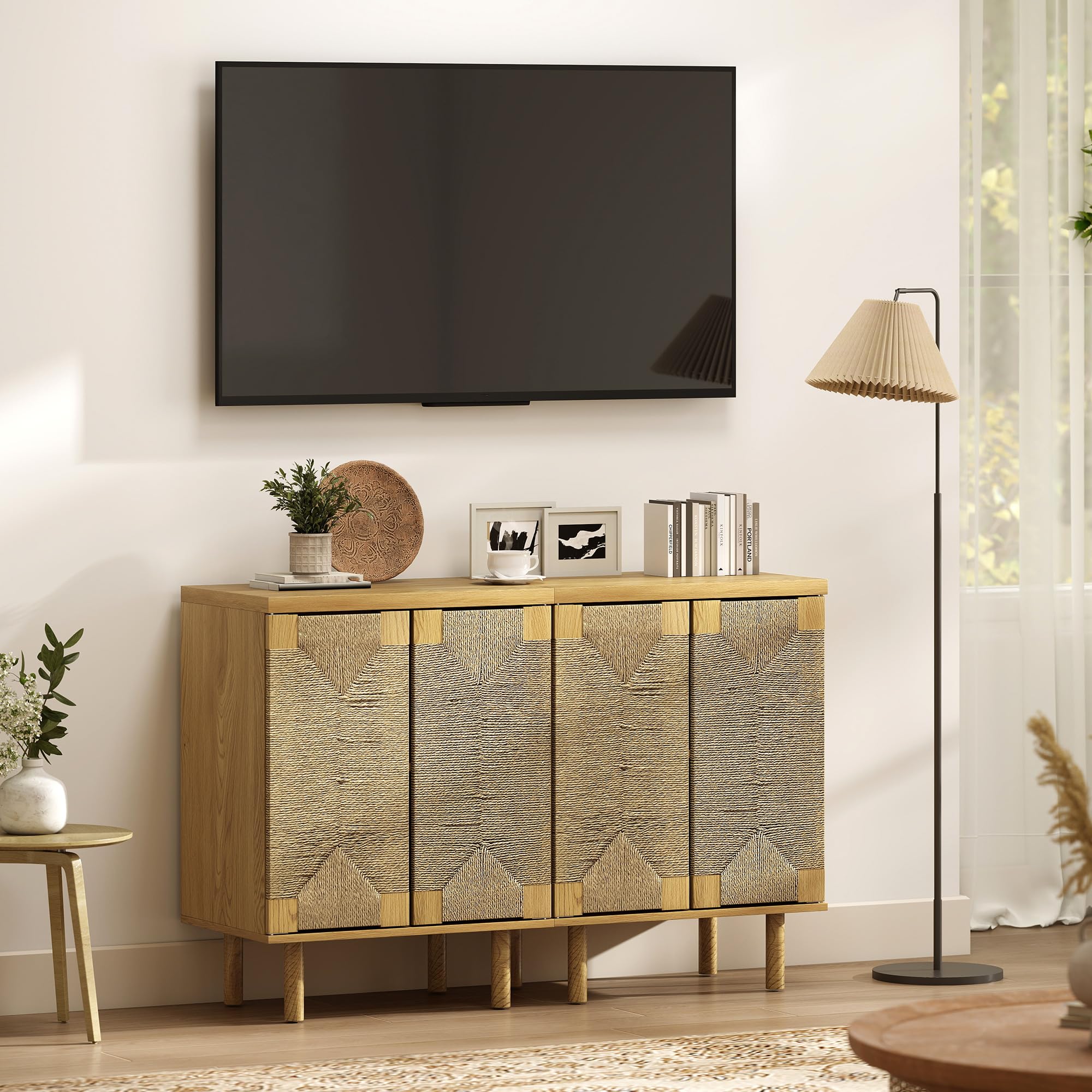 HOMCOM Aparador Bohemio de 2 Puertas con Cuerda Trenzada Roble 60x40x78 cm | Manual, Aparador de Salón, Estante Regulable, Apertura Push, Patas de Madera