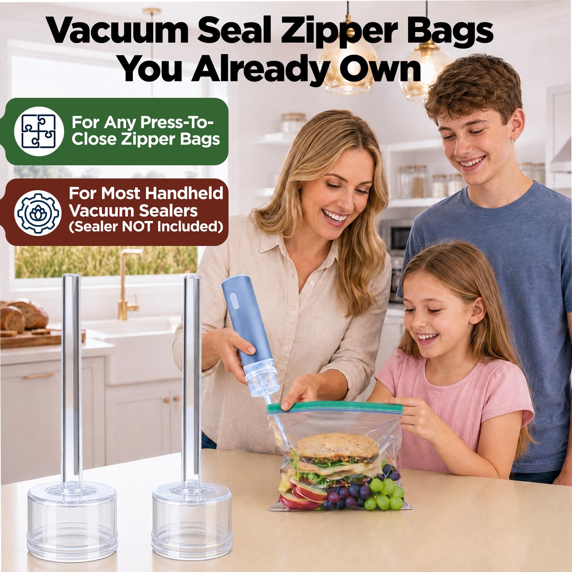 NovaZip Nozzle Kit for Handheld Vacuum Sealers, Universal Accessory to Vacuum Seal Resealable Zipper Bags, No Special Bags Needed, 2 Sizes, Sous Vide, Sealer Not Included view 2