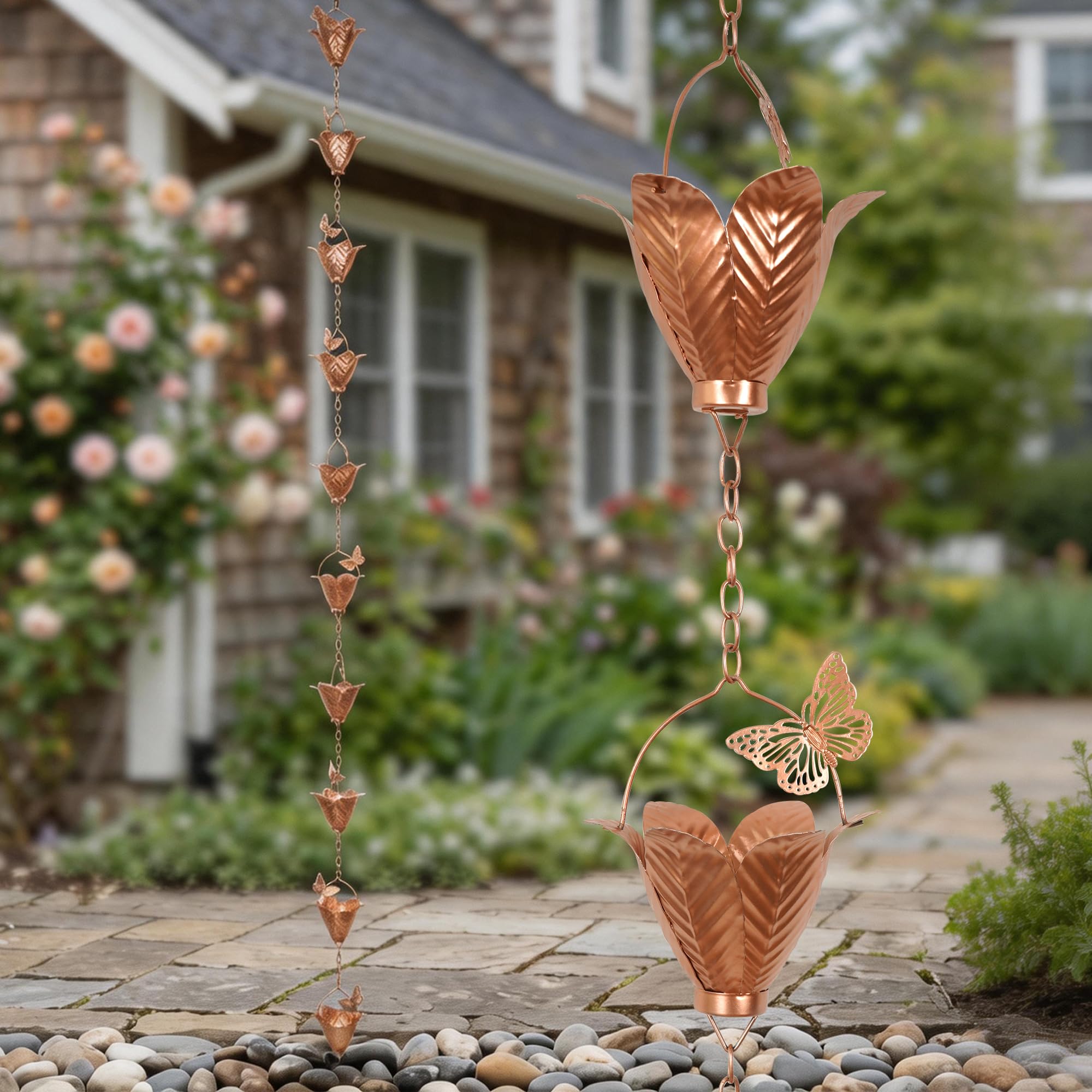 Chaîne de pluie papillon et fleurs de 2,5m en métal pour la décoration des gouttières de maison
