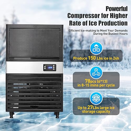 Miniatura 3 de 150lbs24h Commercial Ice Maker with 27lbs Storage Bin, Stainless Steel Under CounterFreestanding Industrial Ice Machines for Home Restaurant Bar