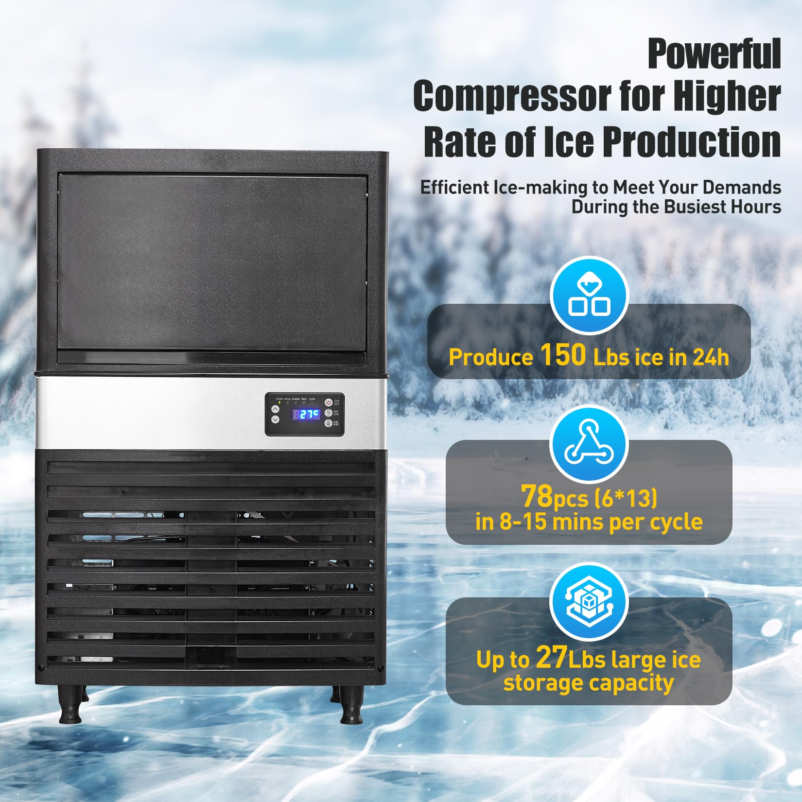Commercial Ice Maker Machine, 150lbs/24h Stainless Steel Under Counter Ice Machine With 30lbs Ice Storage Capacity, Freestanding Ice Maker For Home Bar Outdoor on Fridge.com - View 6