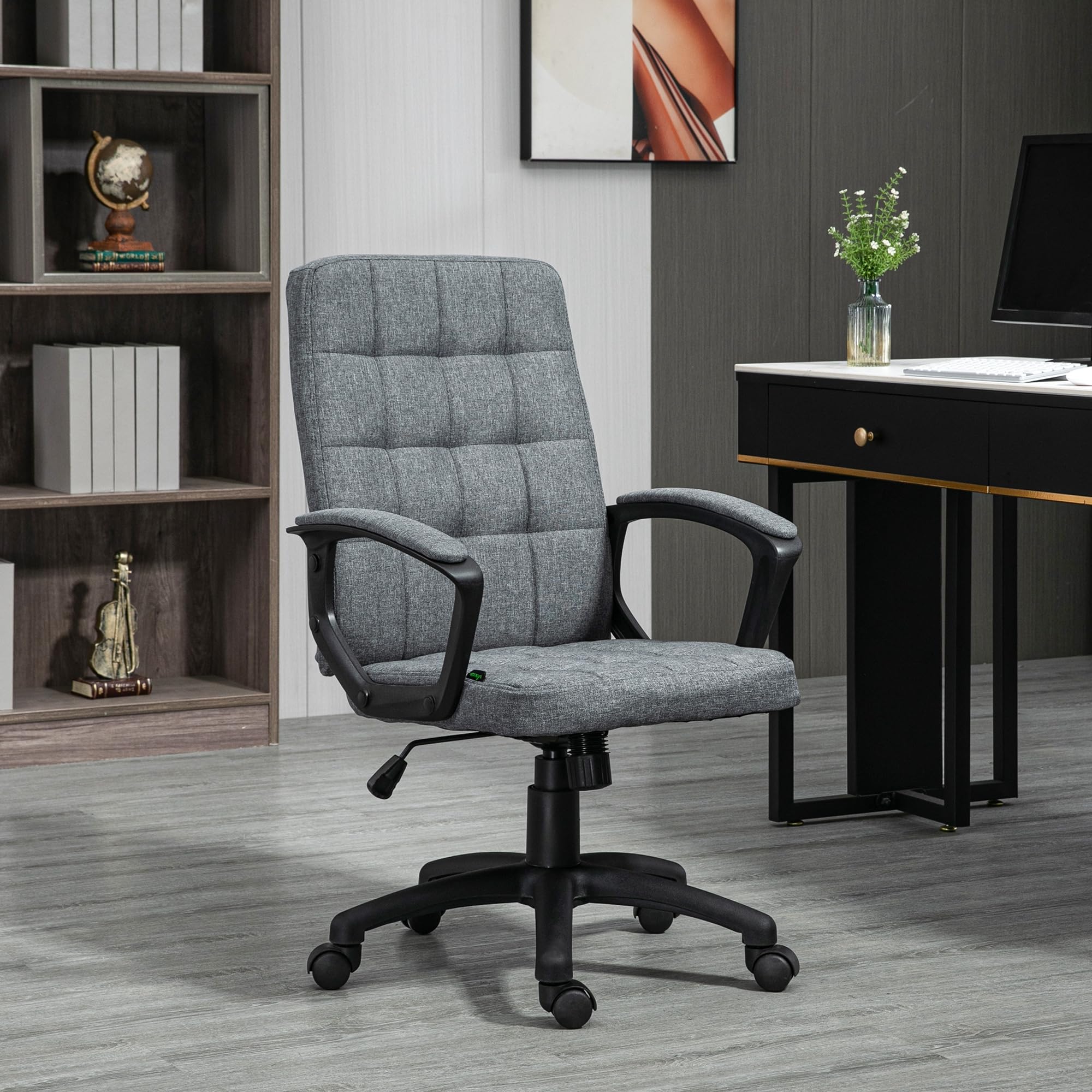 Vinsetto Silla de Oficina Silla de Escritorio Giratoria Gris Oscuro | Tapizada en Lino Sintético, Altura Ajustable, Basculante, Respaldo Medio, con Reposabrazos, Ruedas
