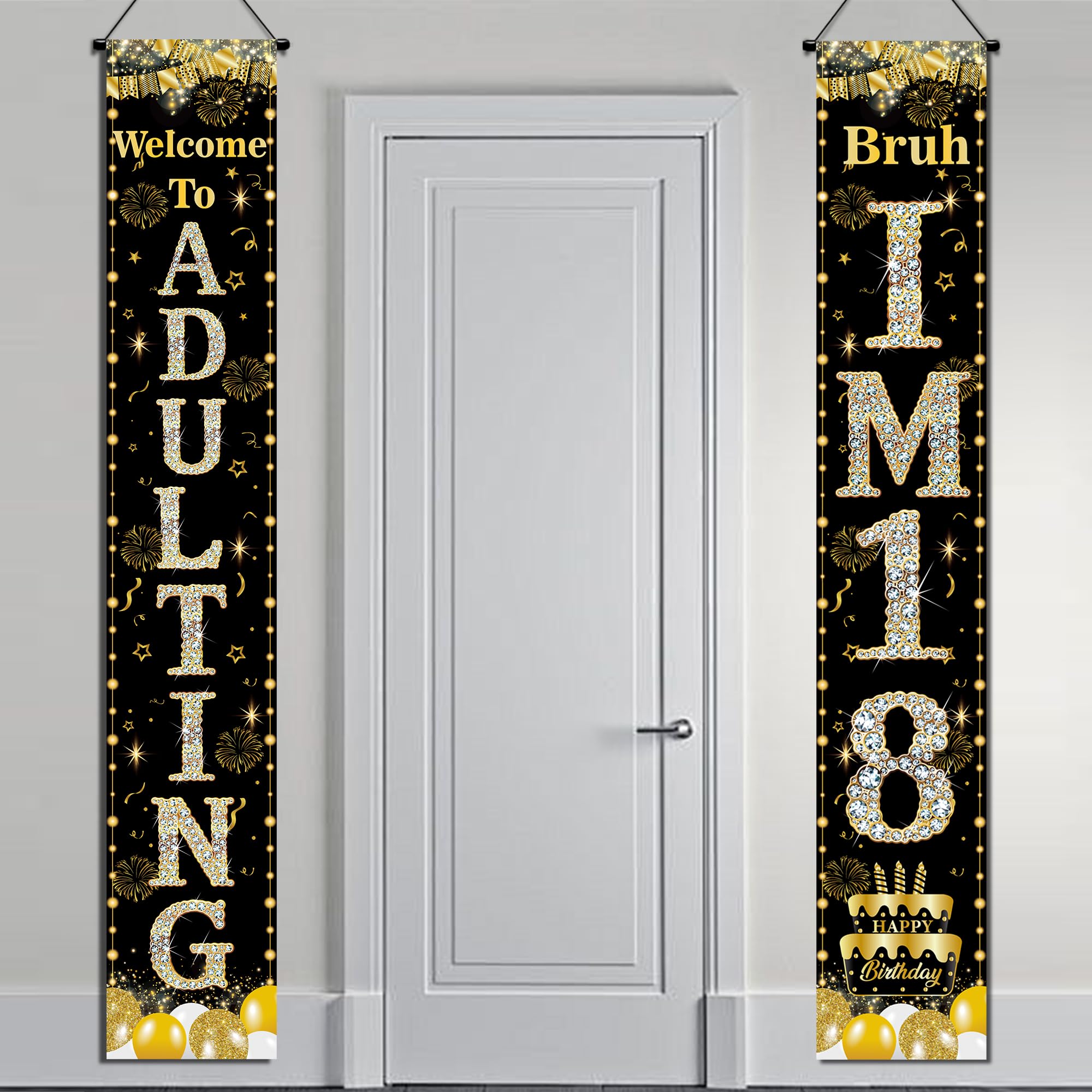 18th Birthday Decorations Door Banner - 2 Pcs 180 × 30 cm Black Gold Welcome To Adulting Bruh I'm 18 Door Porch Sign Banners for Boys Happy 18 Year Old Party Photo Booth Background Decoration