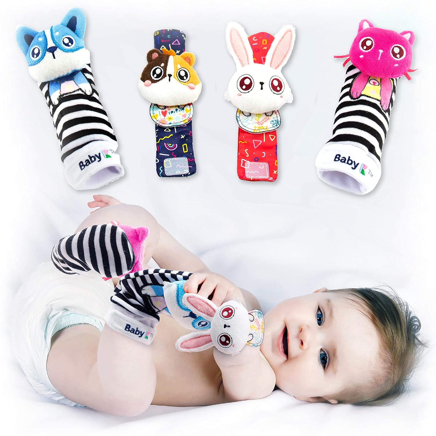 BABY K Baby Rattle Socks for Girls & Boys (Pet Set) - Baby Toys 6-12 Months - Baby Wrist Rattles and Foot Rattles - Baby Toys for Newborns As Gift - Easy to Wear Baby Rattle Toys