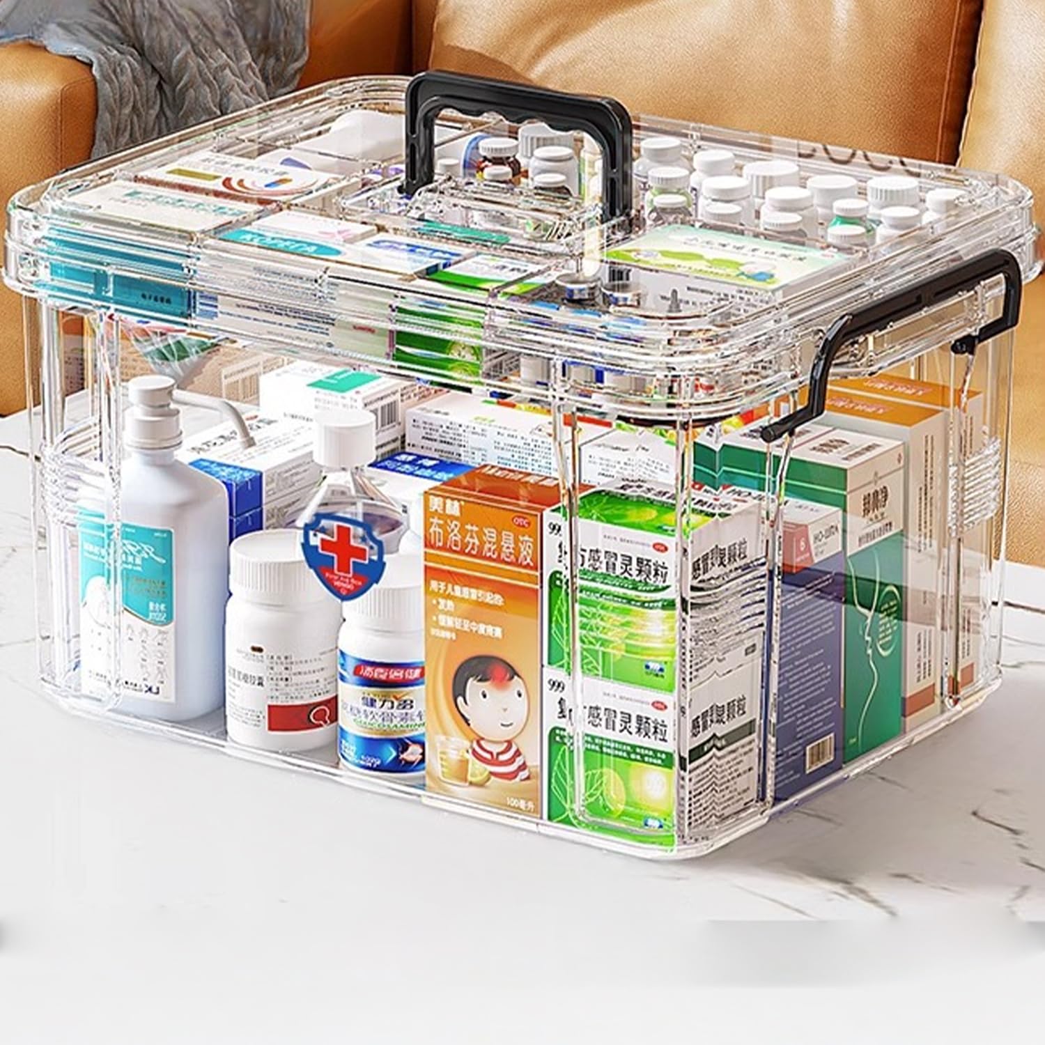 HIKENRI Household Medicine Storage Box Organiser,First Aid Box,Double Layers Multi Grid Medicine Box,Portable with Lid Medication Storage Box Medicine Cabinet for Home(Transparent-L)