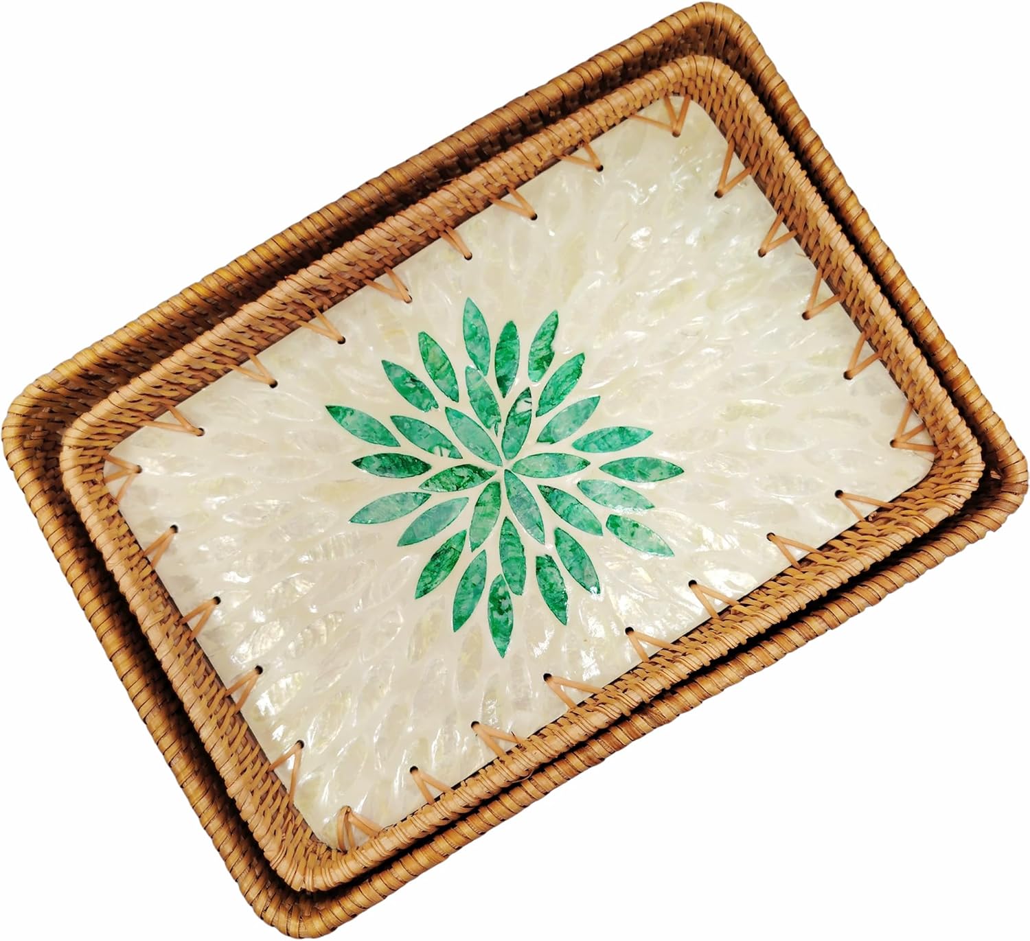 Set of 2 Rectangular Mother of Pearl & Rattan Trays - Handwoven Wicker Serving Trays for Coffee Table & Vanity - Boho Decorative Nesting Basket Organizers for Home (Green & White)