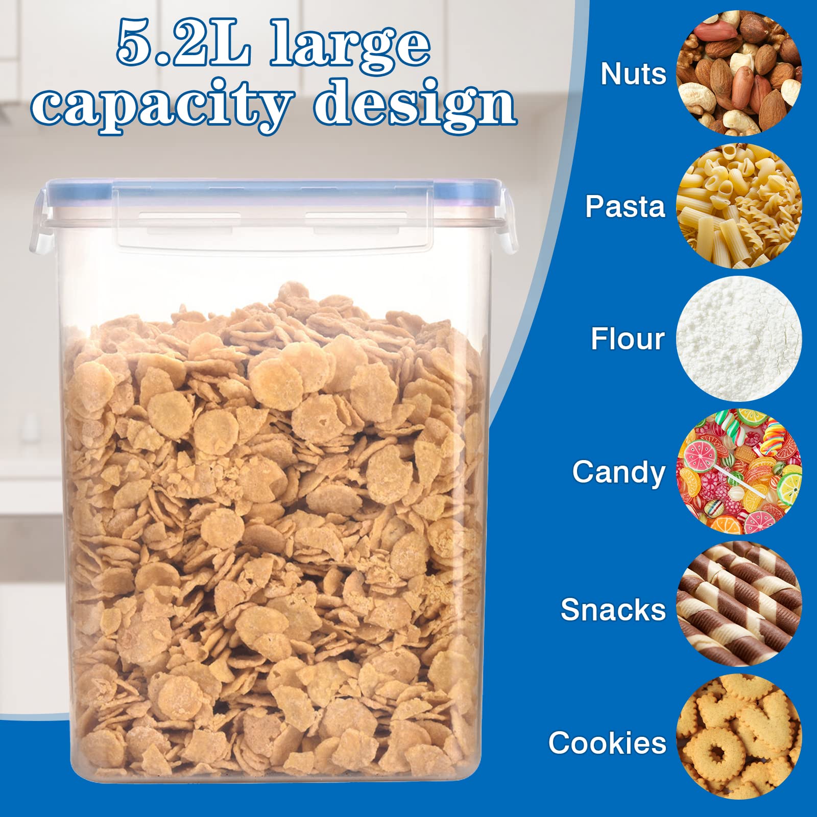 5.2L Contenitori Alimentari per Cereali 4 Pezzi, Contenitori Ermetici per Alimenti Cucina Plastica con Coperchio, Barattoli Ermetici per Alimenti, Porta Pasta, Contenitori Cereali per Muesli,Farina