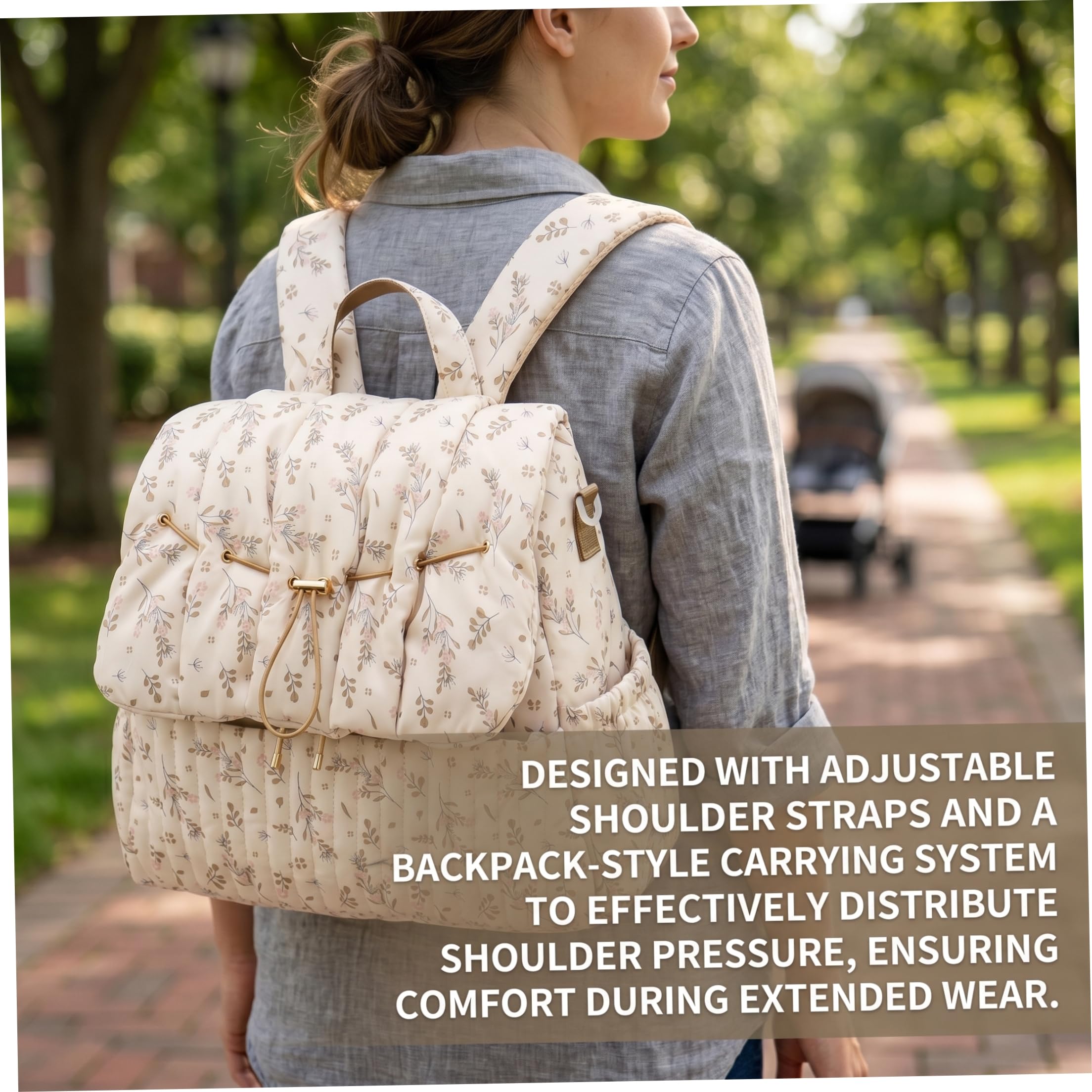 Bolsa de pañales floral, mochila de pañales floral, bolsa de múltiples bolsillos para madres, elegante mochila de viaje y al aire libre para madre (beige)