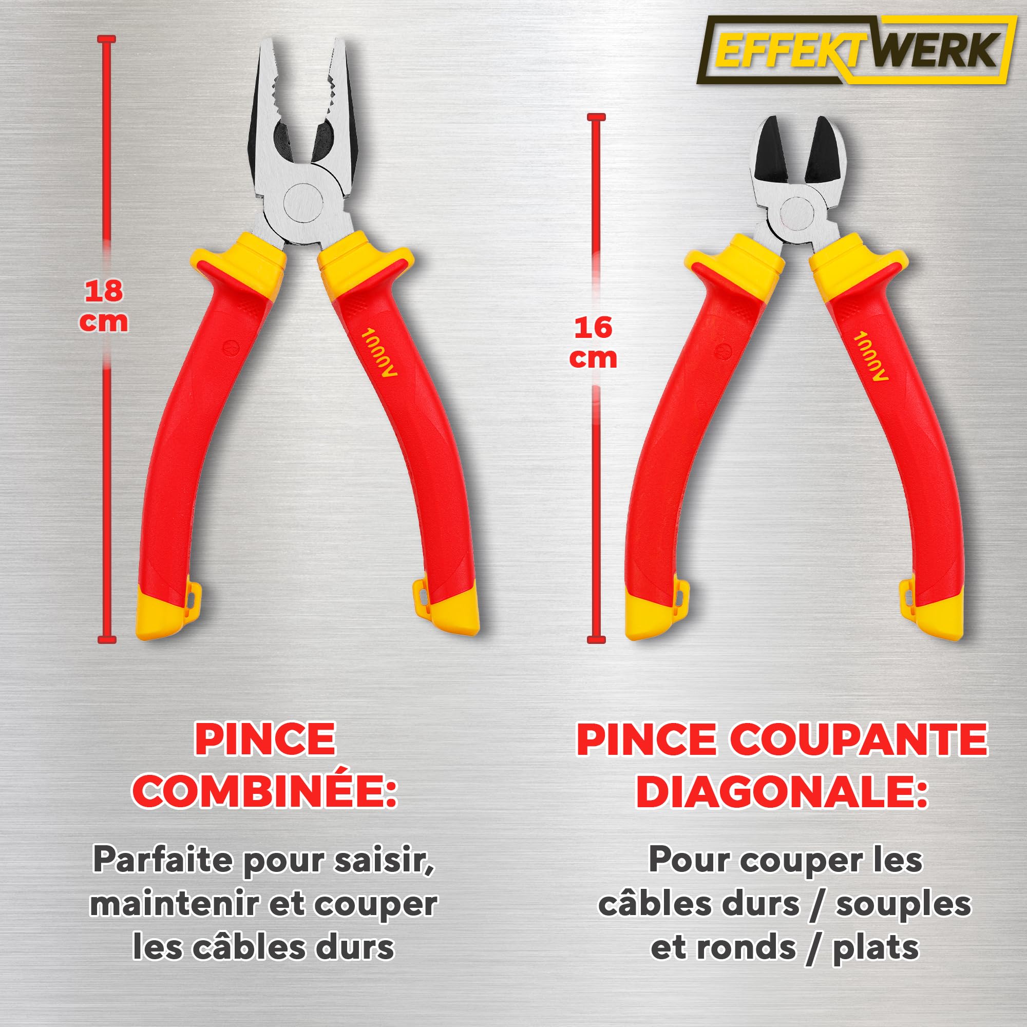 Jeu de 3 pinces pour électricien, isolées et testées VDE, combinées, longues/à bec aiguille et coupantes latérales/pinces coupantes diagonales