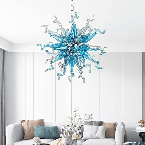 Miniatura 6 de BeyPan Lámpara de araña de cristal soplado a mano con cadena de metal, moderna escultura de cristal de lujo, decoración de techo, lámpara colgante
