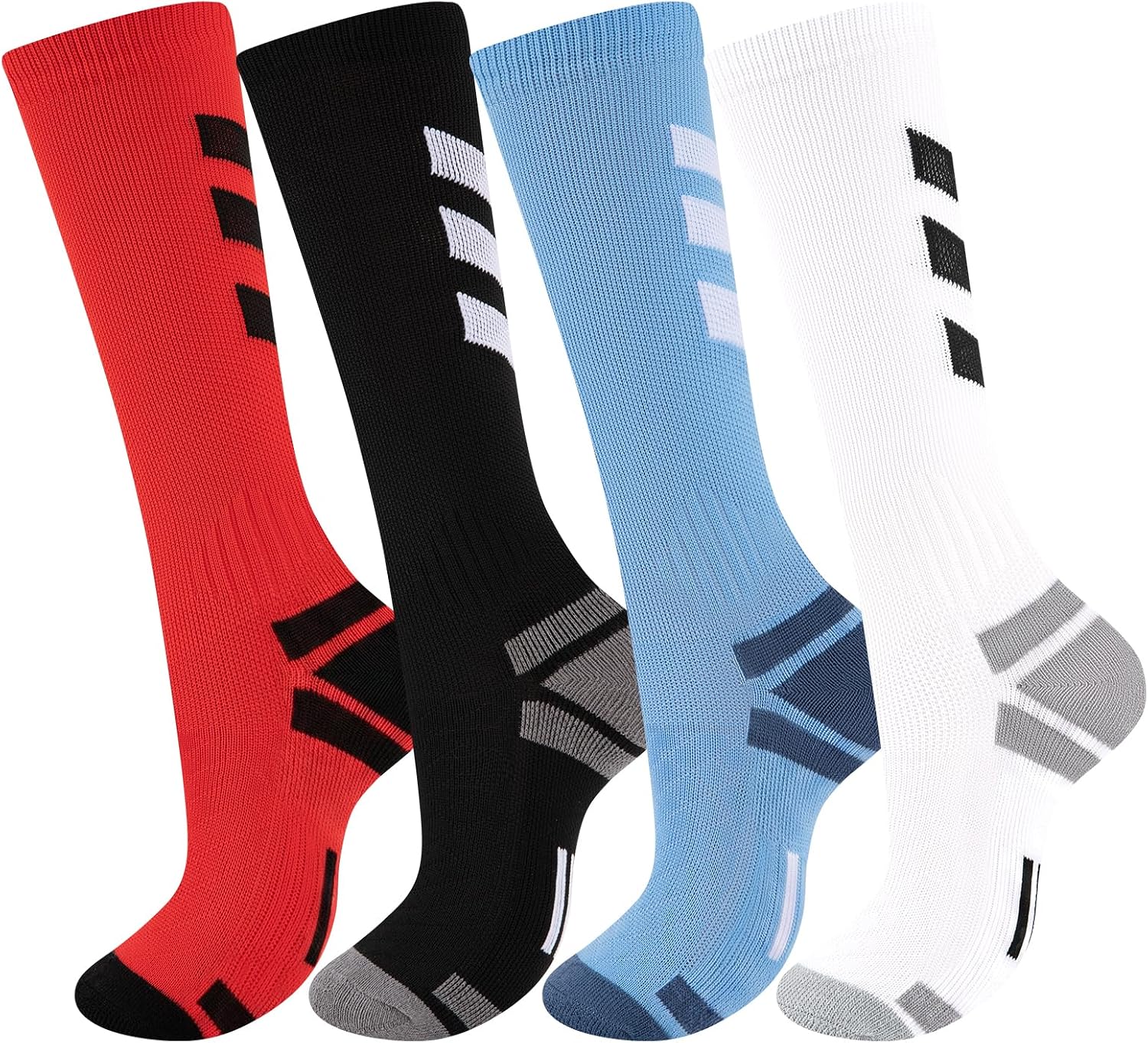 Comfoex 4 Pairs Kids Soccer Socks, Knee High Stretchy Tube Socks for Boys, Football Athletic Team Socks 4-12 Years Olds