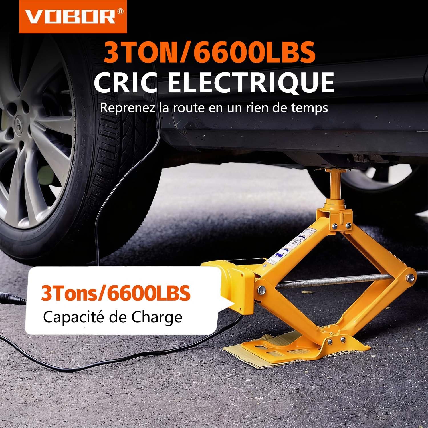VOBOR Cric Electrique, 3T Cric Voiture à Ciseaux Levée 12V, 120-420 mm Portable Crics de Levage, Kit d'urgence Automobile pour Voitures, Camions, Berlines, Fourgonnettes, SUV
