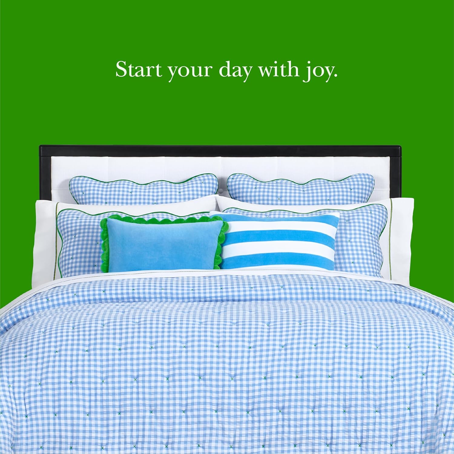 kate spade new york Joyful Gingham 2-Piece Twin Quilt Bedding Set, Poly-Cotton Blend Reversible Cover, All Season Warmth Bedding, Machine Washable, Windy Blue