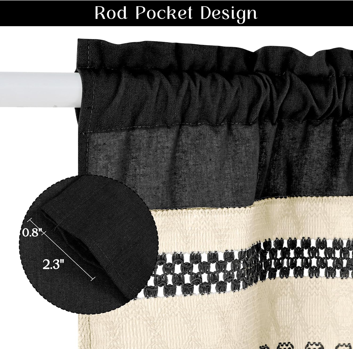 Farmhouse Linen Valance for Windows Boho Crochet Short Curtain with Tassel Country Black Valance for Kitchen Light Filtering Rod Pocket Window Treatment for Bathroom, 1 Panel, 52" W x 18" L