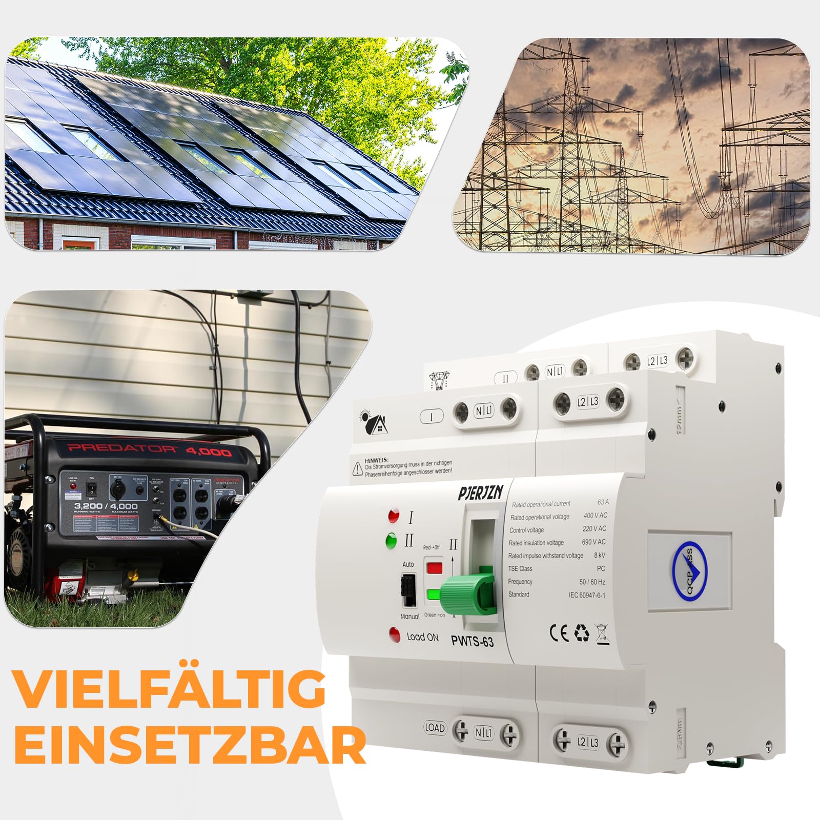 ATS Automatischer Umschalter 4P 63A 400V AC, 4-poliger Notstrom Umschalter für Netzvorrangschaltung
