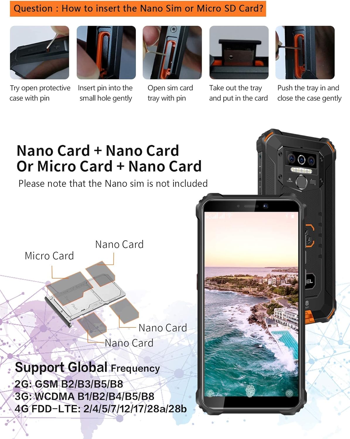 OUKITEL WP5 Pro displaying Android 10 interface with 4GB RAM and 64GB ROM specifications