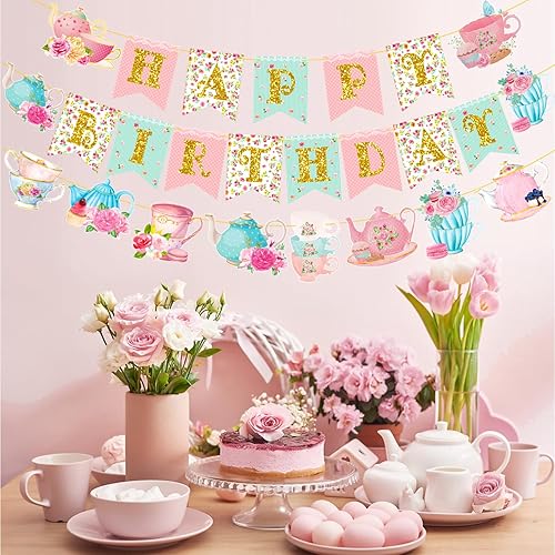 Miniatura 8 de Cartel floral para fiesta de cumpleaños con texto en inglés Happy Birthday, decoración colgante para fiesta de té, 3 pancartas recortadas para