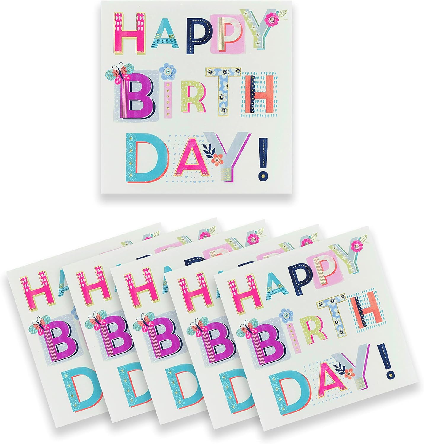 UK Greetings Multipack of 6 Cards - Birthday Card Bundle - Happy Birthday Bold Font Lettering - Cute Birthday Card - Birthday Card for Her - Birthday Cards for Friends - Female Card Bundle