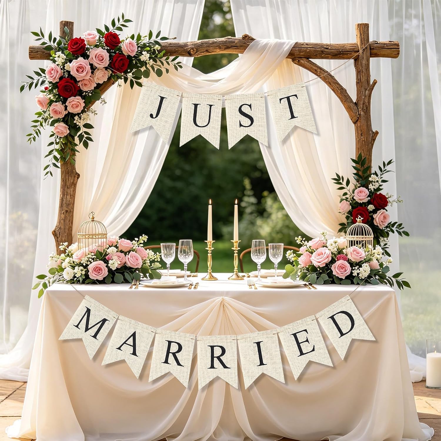 BLMHTWO Pre-Strung Just Married Burlap Banner, Cream White Just Married Wedding Car Banner Decorations Sign Rustic Vintage Style Party Supplies for Wedding Anniversary Bridal Shower Engagement