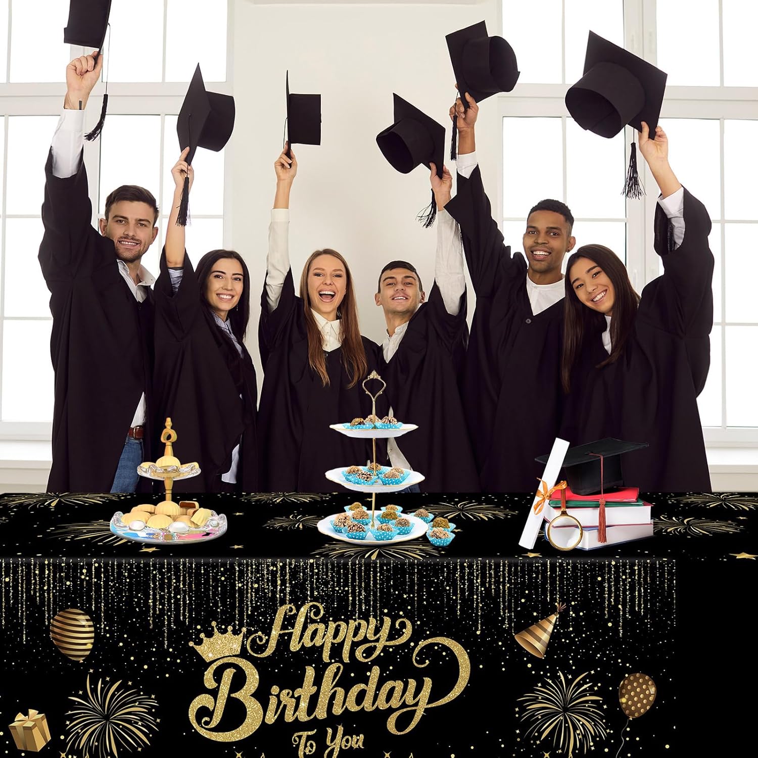 Oudain Happy Birthday Tablecloth Happy Birthday Party Decorations Black Gold Table Cover 72 x 30'' Rectangle Folding Table Cover for Women Men New Year's Black Gold Party Decorations Supplies