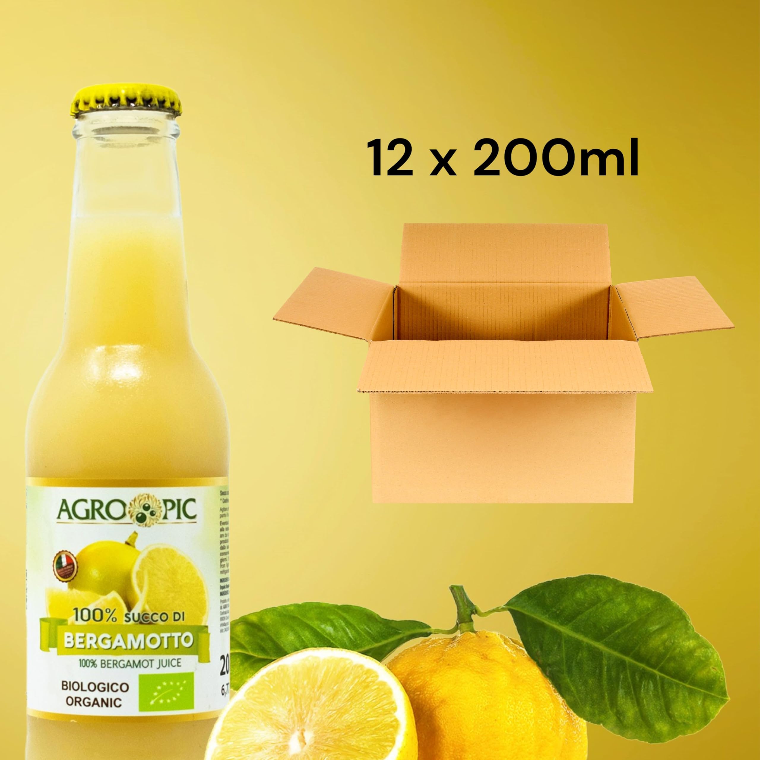 Agropic Succo di Bergamotto Puro Bio, 200 ml, Bergamotto Succo Puro Biologico, 12 bottiglie, Senza Zuccheri Aggiunti e Conservanti, Realizzato in Calabria