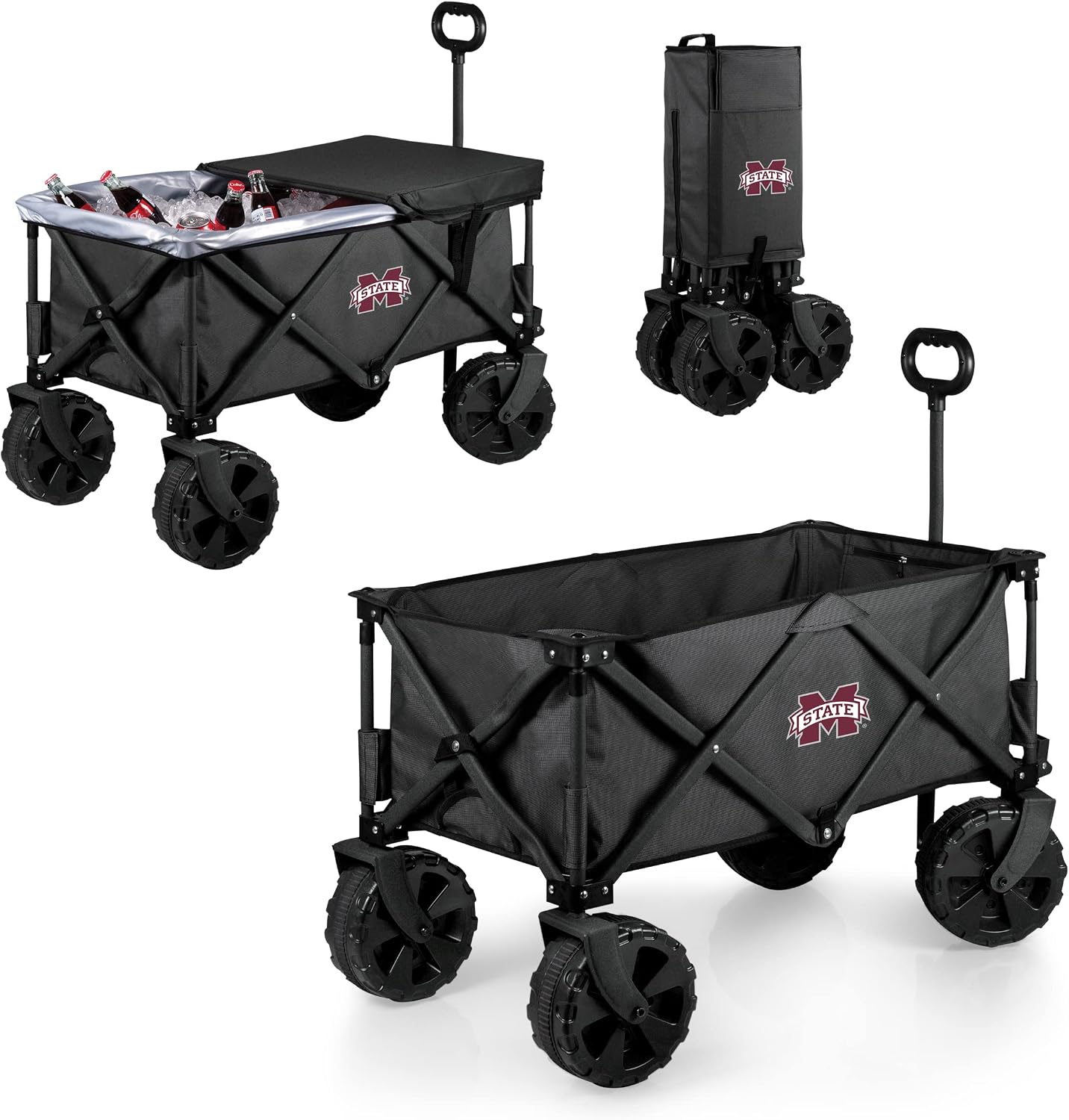 PICNIC TIME NCAA Adventure Wagon Elite All-Terrain Folding Beach Wagon with Big Wheels Plus Table Top Lid & Soft Cooler Liner, (Dark Gray)