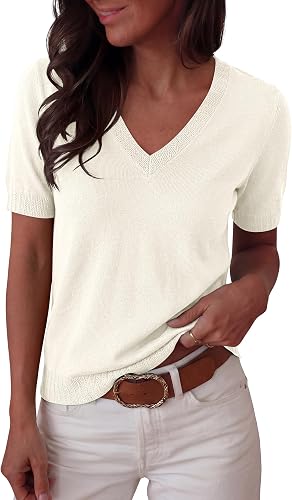 ANRABESS Short Sleeve Sweaters for Women Wool Blend V Neck Sweater Shirts Business Casual Work Tops 2026 Summer Outfits