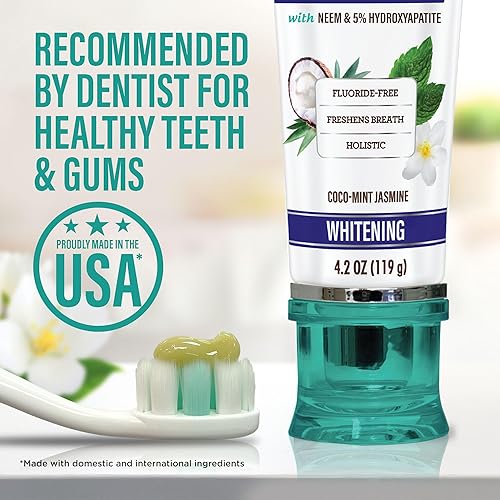 Vista 8 de GuruNanda Hydroxyapatite Toothpaste, SLS & Fluoride Free, Whitening Toothpaste with Tongue Scraper & Squeezer - Freshens Breath, Fights Plaque