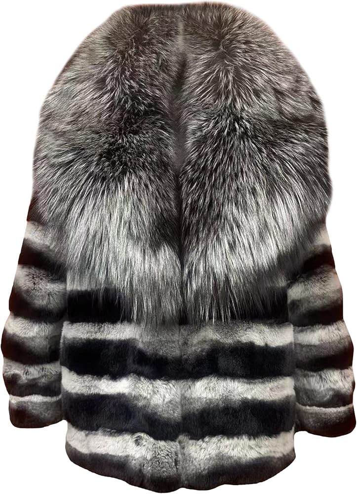 Annsirgra Women's Genuine Rex Rabbit Fur Coat Chinchilla Jacket