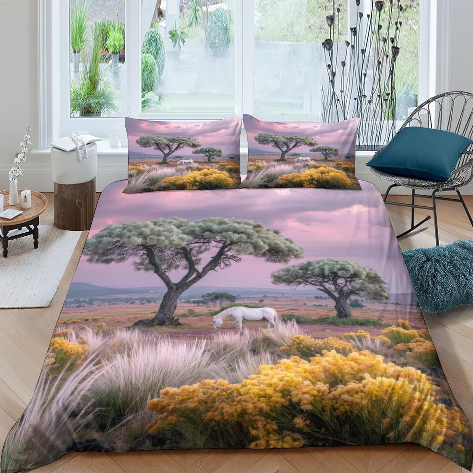Ctjqhvkz Style-4 3D Printed Pastoral Landscape Fitted Sheet Microfiber Soft Green Tree Horse Mattress Cover Bedroom Decor Easy Care Single（135X200cm）