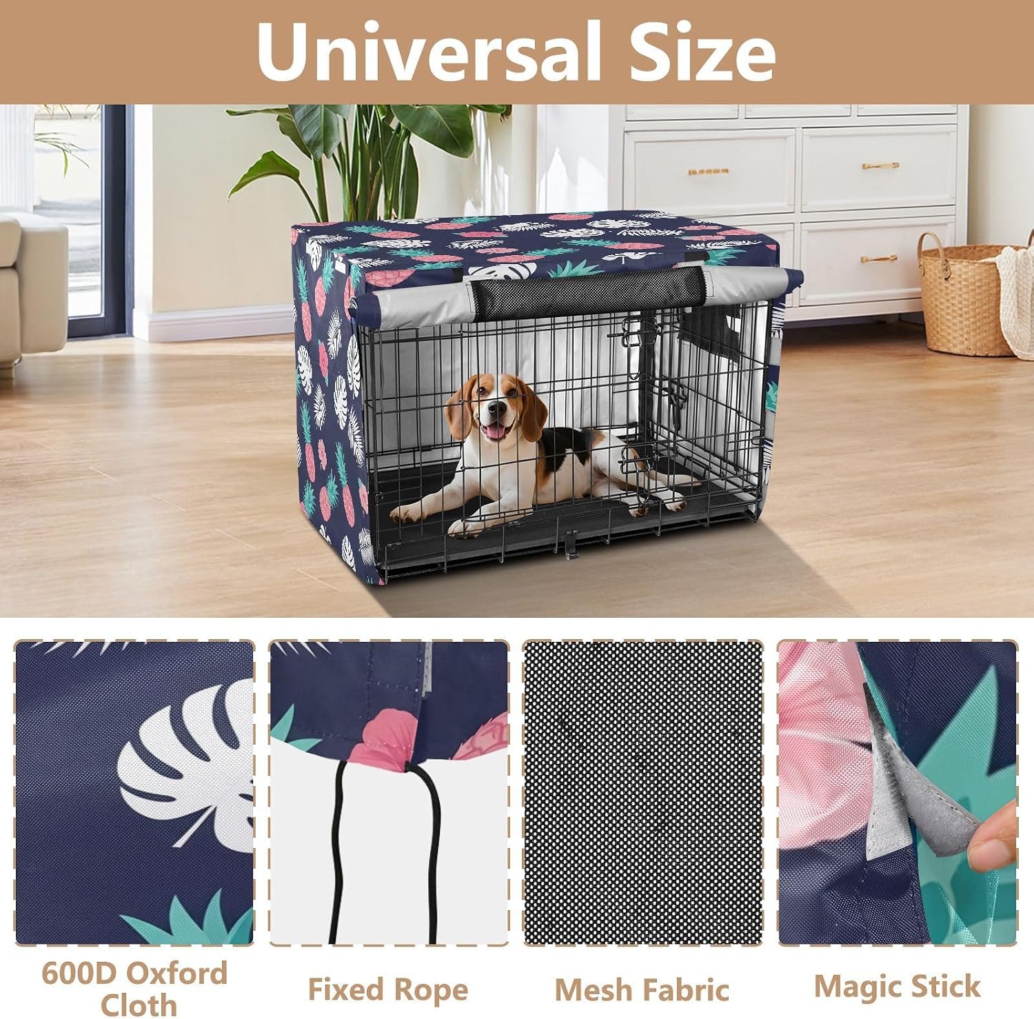 Tropical Pineapples Dog Crate Cover 600D Oxford Pet Kennel Cover with Mesh Window for Dog Cages, Windproof Waterproof Machine Washable, 48"x30"x33"