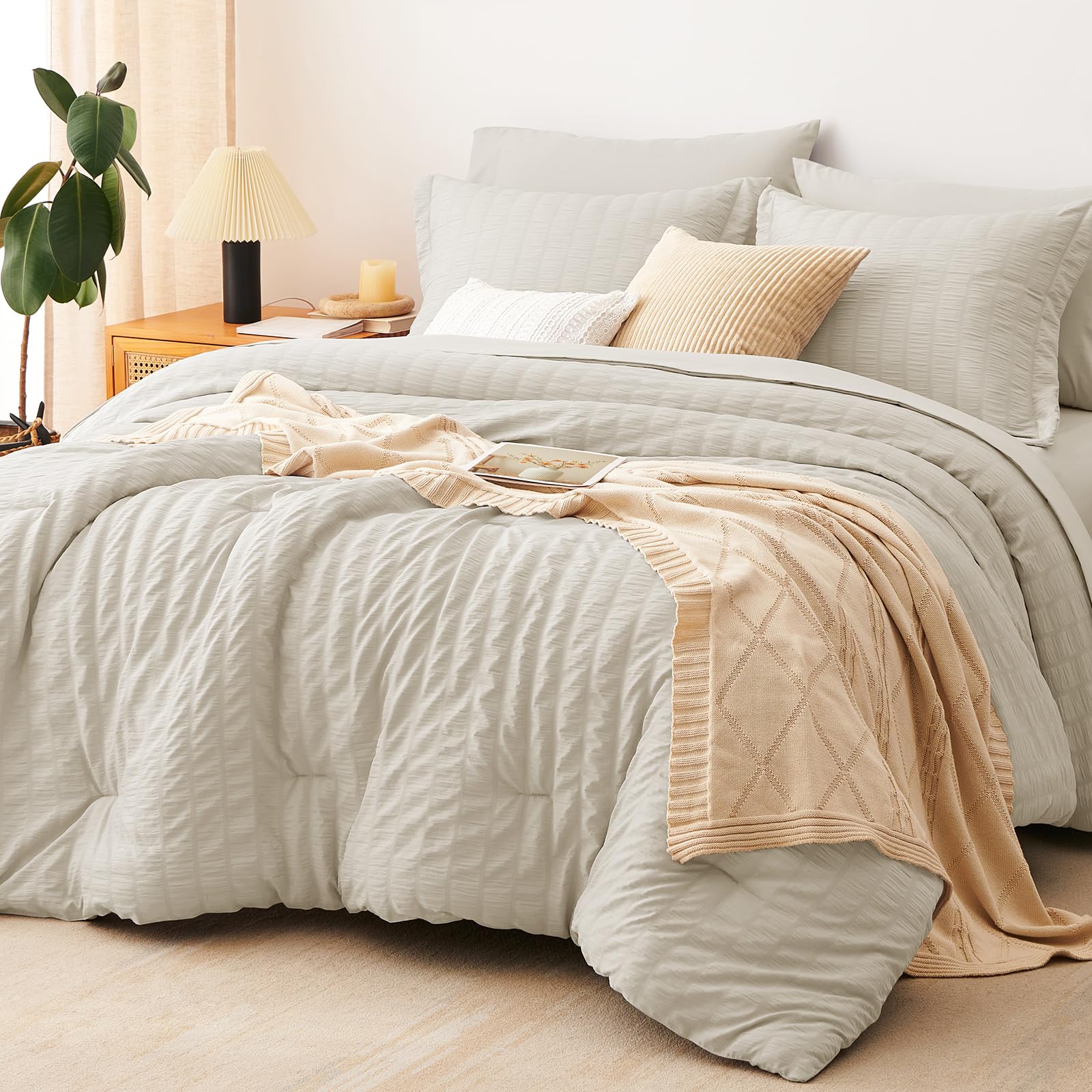 CozyLux Queen Comforter Set Oatmeal Seersucker 7 Pieces Bed in a Bag Queen Comforter Set with Sheets Luxury Soft Bedding Set with Down Alternative Comforter, Sheets, Pillowcases & Shams for All Season