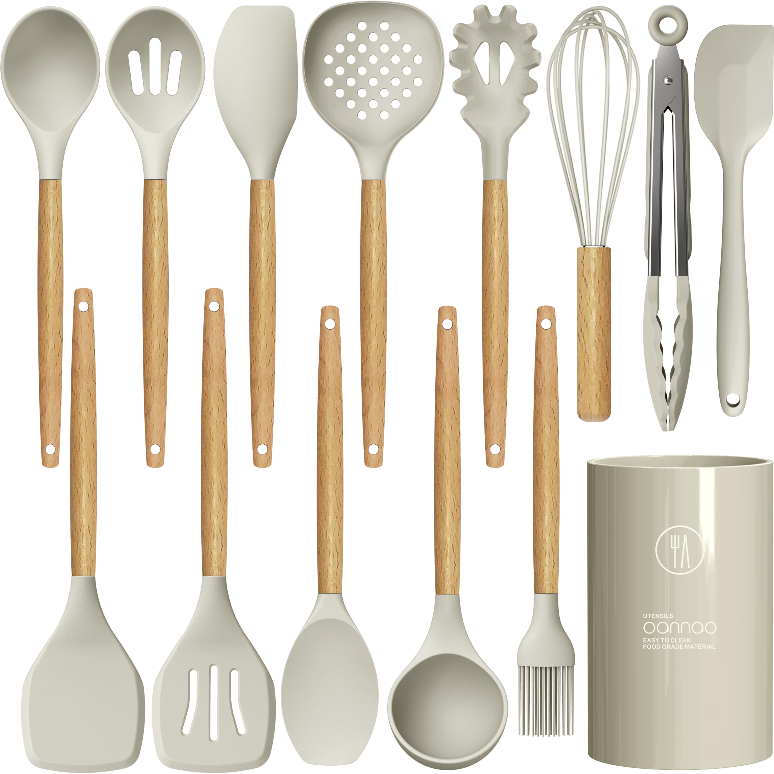 oannao Set di utensili da cucina in silicone, resistenti al calore fino a 446 °C, utensili da cucina per cucinare, set di spatole con manici in legno, senza BPA, per pentole antiaderenti (cachi)