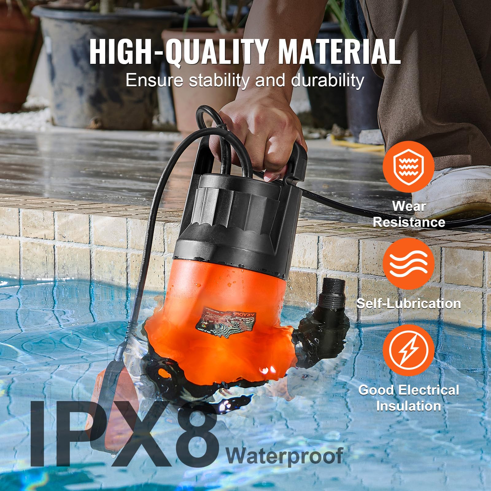 VEVOR Bomba Utilitaria Sumergible, 400 W, 9500 L/H de Alto Flujo, Cabezal de 7,9 m, Bomba Sumergible de Sumidero con Cable de Alimentación Largo para Drenar Agua de Piscina, Jardín, Estanque, Sótano