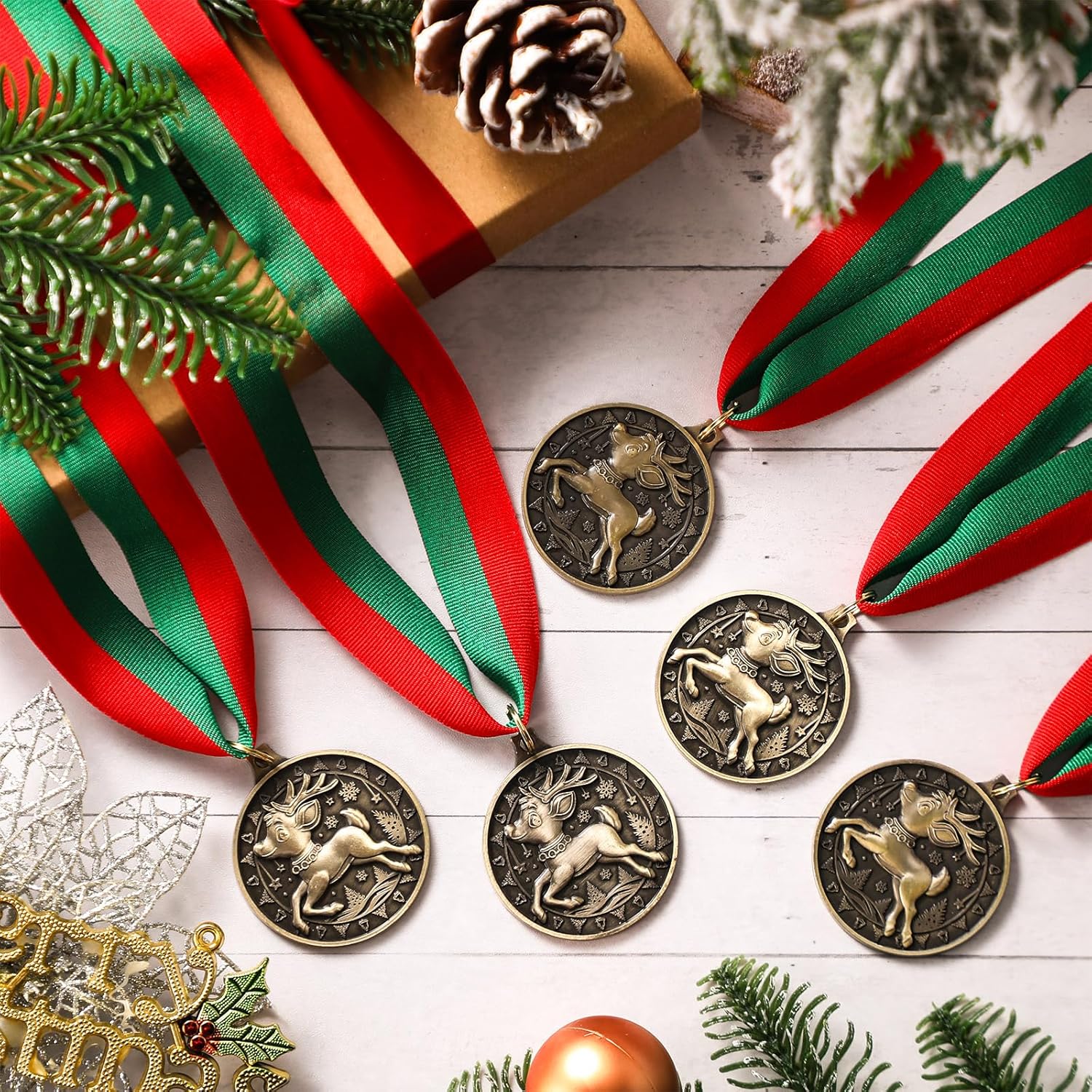 96 Pcs/48 Set Christmas Reindeer Medals Award 2" Gold Reindeer Christmas Trophy Award Medals Includes Neck Ribbon for Xmas Party Ornament Favor Gift Prize
