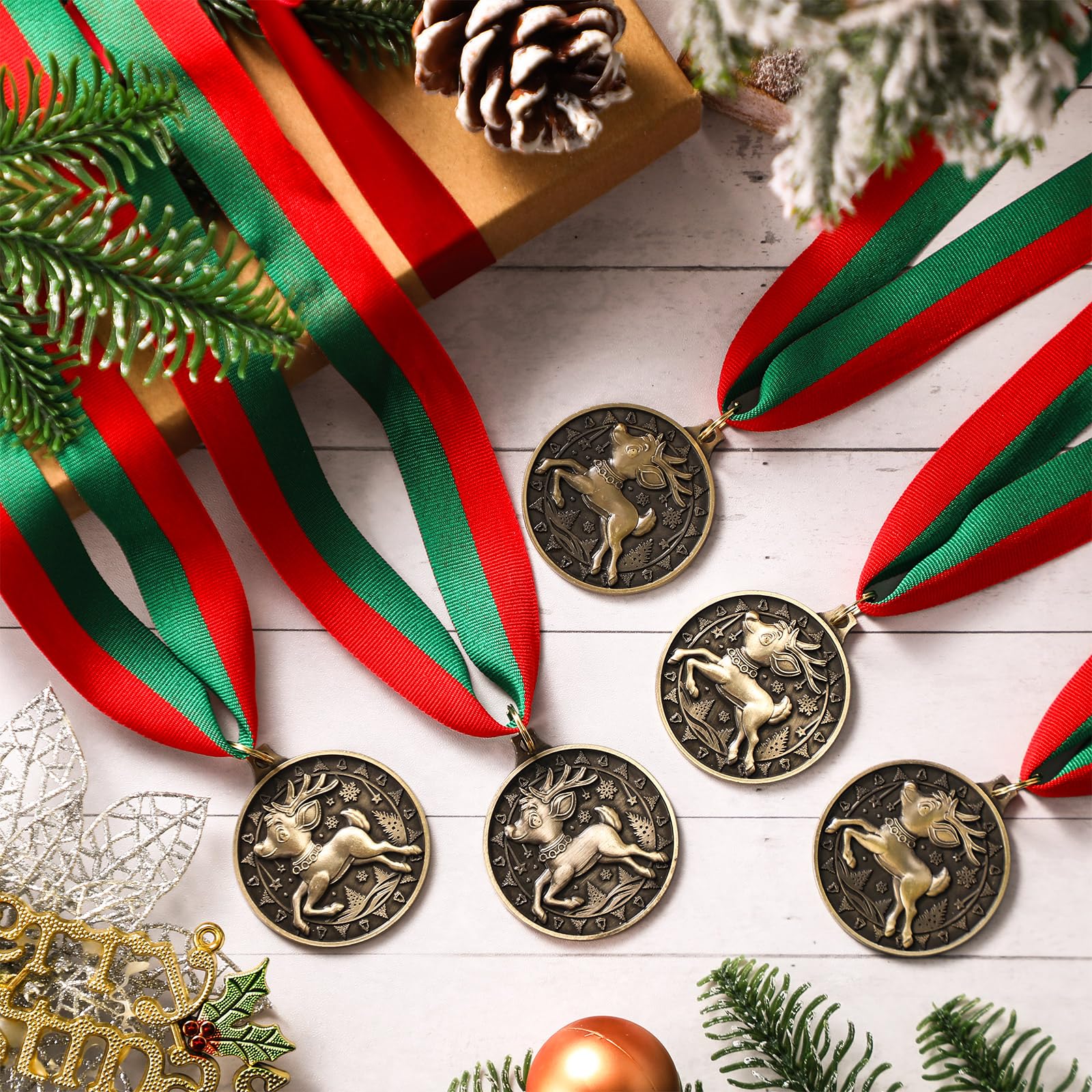 Huquary Weihnachts-Rentier-Medaillen, 5,1 cm, goldfarben, mit Halsband, für Weihnachten, Party, Ornament, Geschenkpreis, 48 Stück