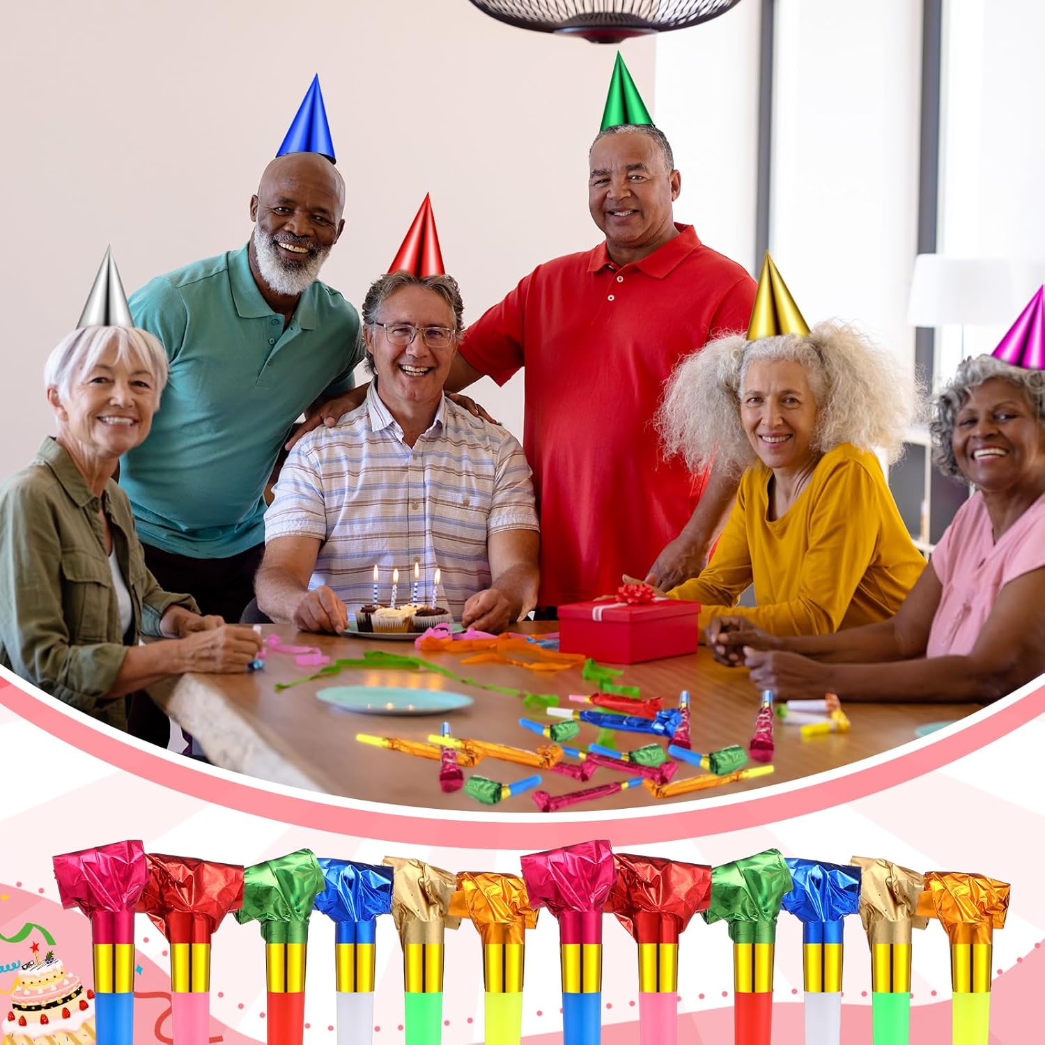 WinnerWhy 300 Pcs Birthday Party Cone Hats and Colorful Noisemakers Blowers Set Metallic Foil Paper Cone Hats Noisemakers Blow Whistle for Adults Birthday Party Supplies