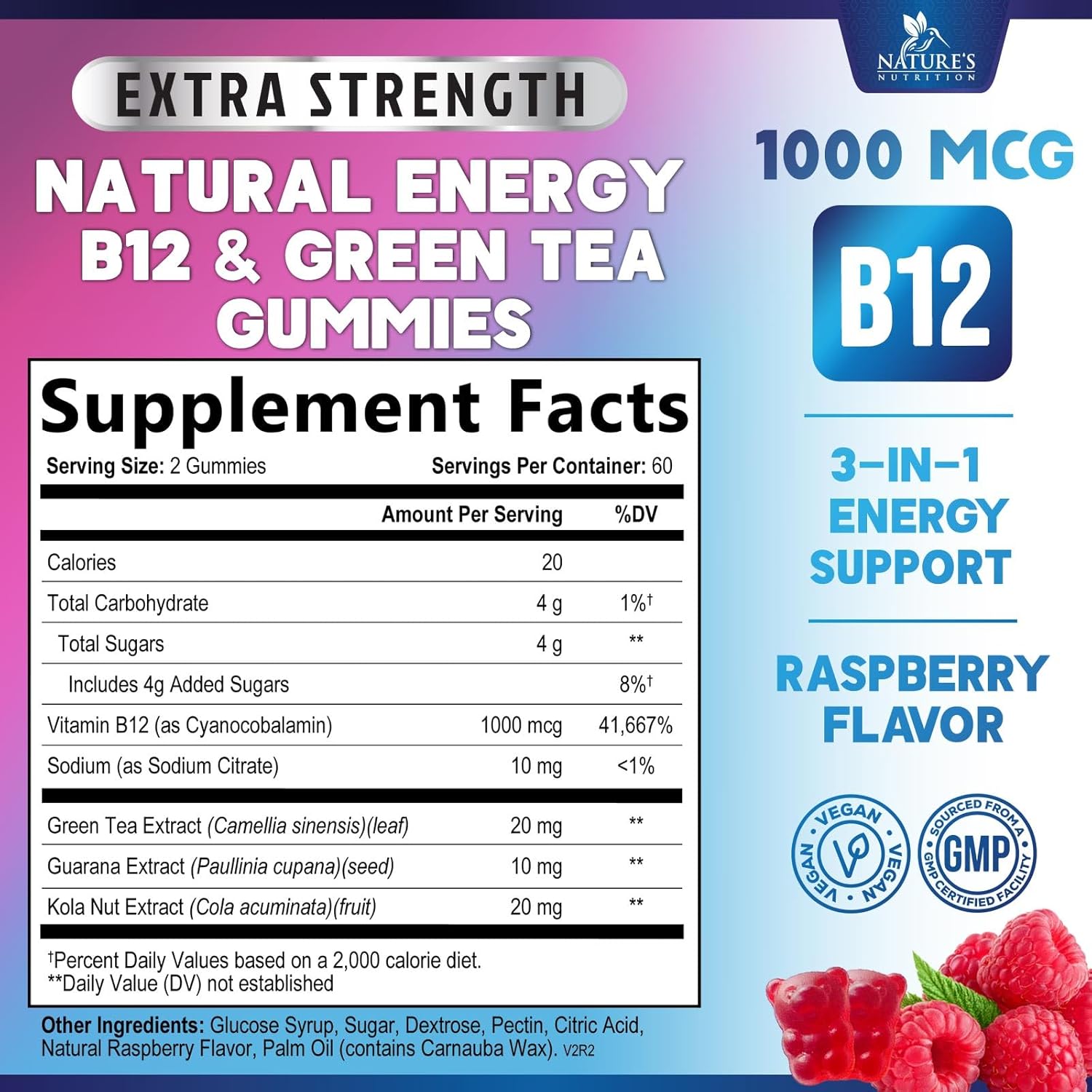 Energy Gummies 1000mcg - Extra Strength Vitamin B12, Daily Energy Gummies with Natural Caffeine from Green Tea - Berry Flavor B12 Chewable Exercise Supplement for Running Cycling & Sports - 120 Chews - Image 2