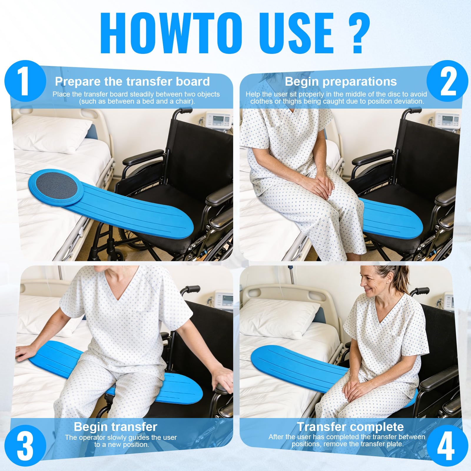 Tabla de transferencia deslizante con disco giratorio de 360°, para personas mayores y personas que necesitan cuidados, de silla de ruedas a cama, inodoro, bañera y coche (azul)