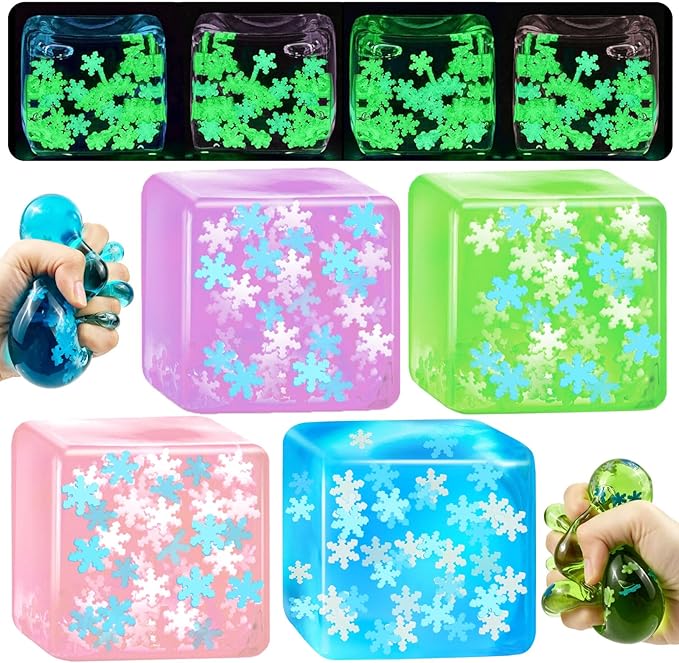 4 Pack Squeeze Cube with Glow in The Dark Snowflakes Inside,Squishy Fidget Gummy Toys , Luminous Sensory Toys for Kids Autism , Maltose Balls for Anxiety Stress Relief Gifts for Kids