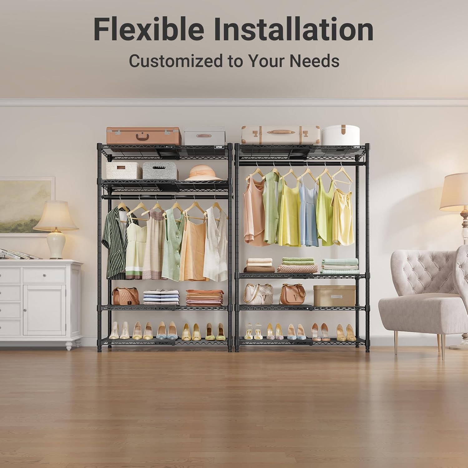 VIPEK X10 Heavy Duty Clothes Rack, Expandable Metal Clothing Racks for Hanging from 2' to 3'5" with 4-Tier Adjustable Wire Shelves & Hanging Rod Portable Closet System for Reach-in & Walk-in Closets