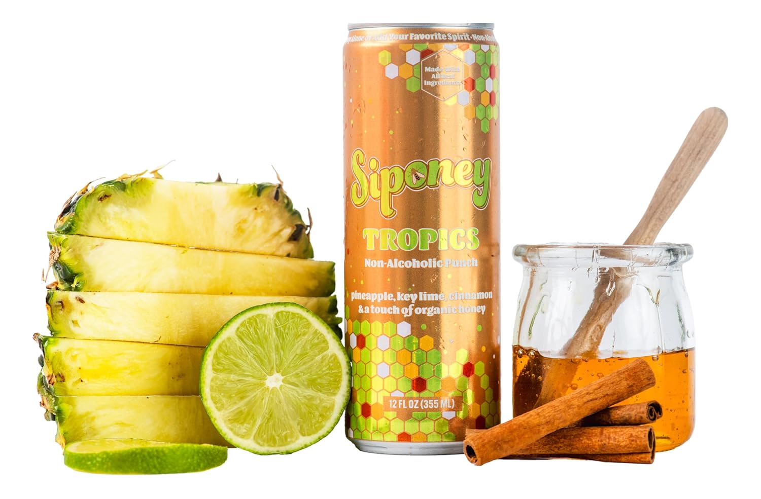 Siponey Tropics Non-Alcoholic Punch Cocktail – Pineapple & Lime Mocktail with Honey & Cinnamon, Real Juice, Zero Alcohol, Gluten-Free, Ready-to-Drink Mixer (6 Pack)
