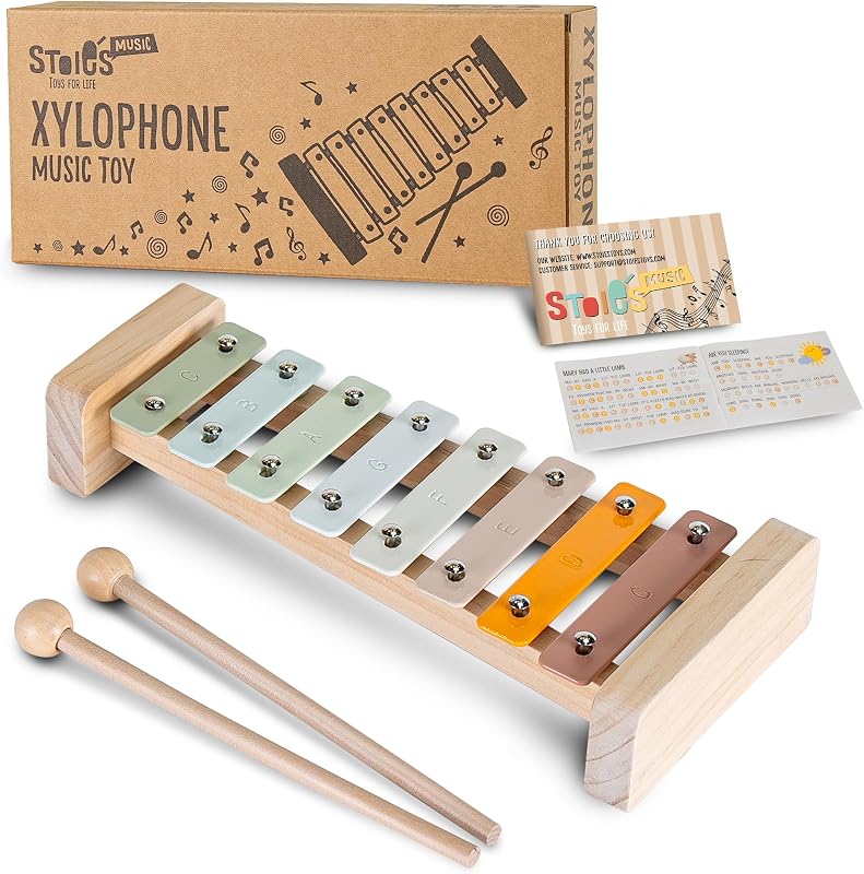 Xilófono de madera para niños y niños pequeños, diseño apto para niños, 8 notas, colores de alegría, xilófono con llave C afinado con mazos y cancionero musical, instrumento musical para niños, juguete educativo Montessori