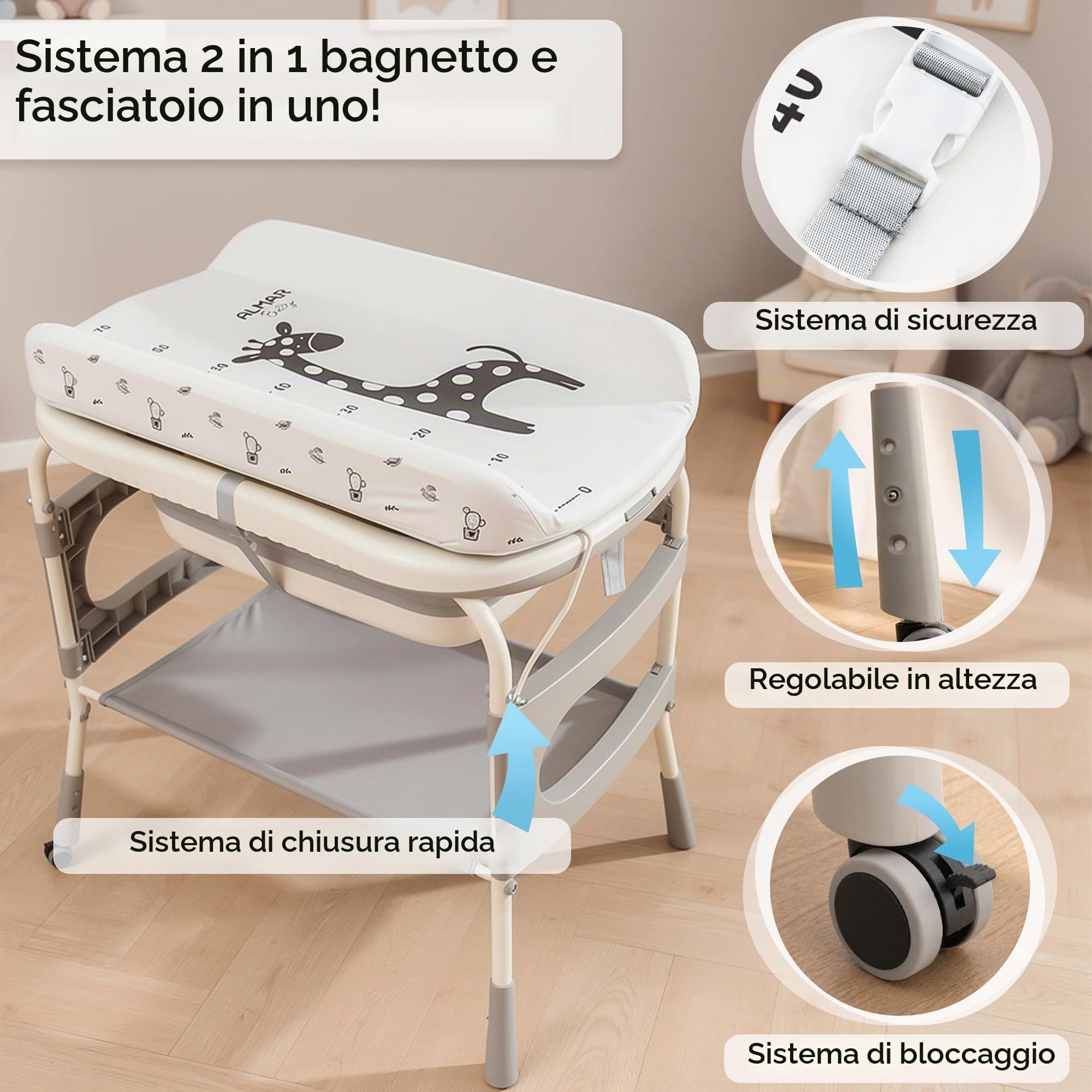 ALMAR Baby Fasciatoio con vasca per bambini, mobile fasciatoio pieghevole, vasca da bagno con termometro alto con ruote e organizer