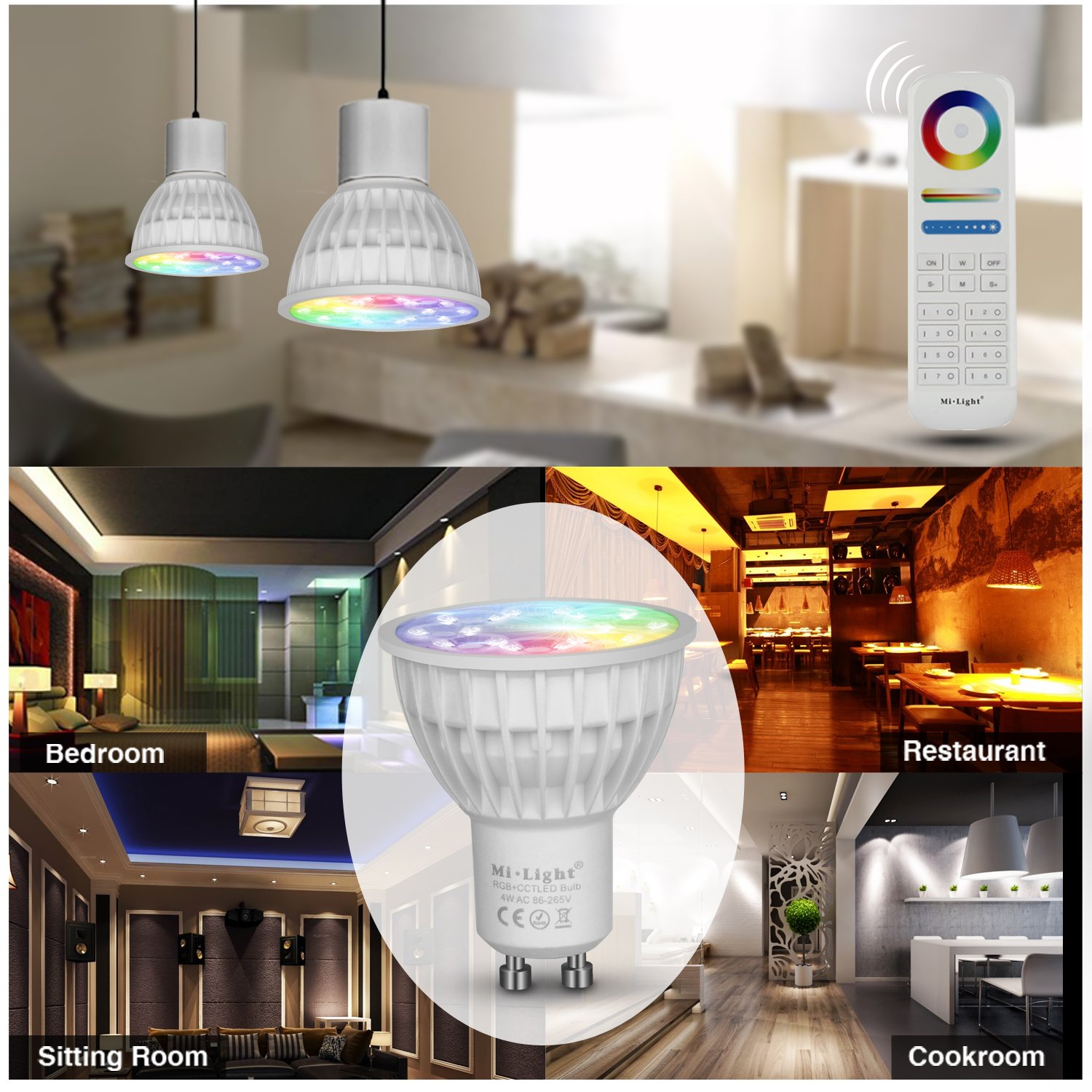 LIGHTEU, 8 x Ampoule LED colorée RGB+CCT (RGBWW) Milight original®, WiFi, 4W, GU10, blanc chaud à intensité variable, Avec Télécommande sans fil 2.4GHz RF [Classe énergétique A+]